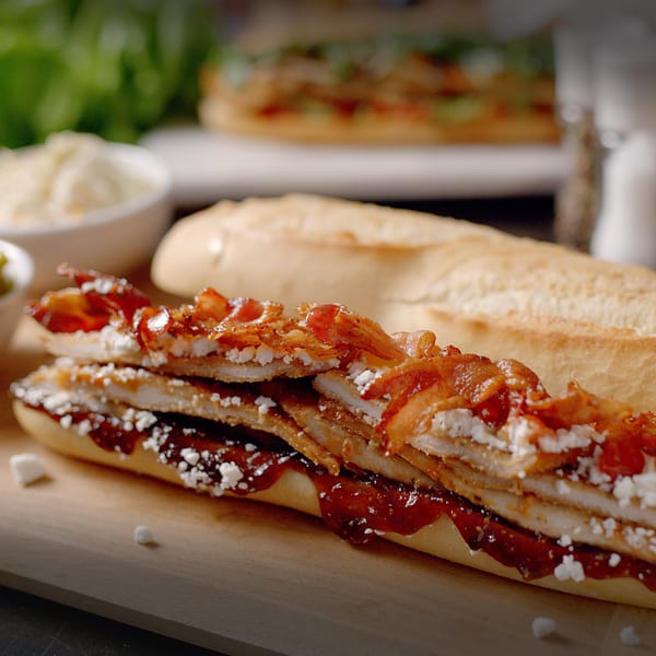 A Sub-Ology sandwich with chicken, bacon, cheese, and red sauce on a baguette.